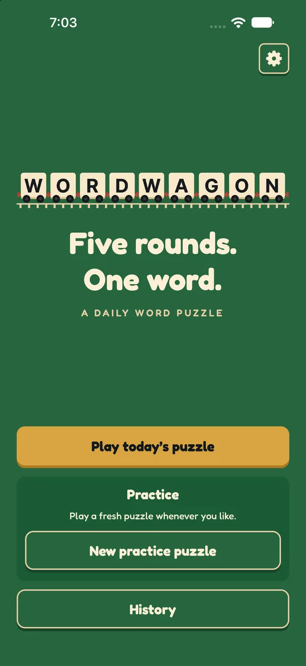 Wordwagon home screen with buttons to play today's puzzle, start a practice puzzle, or view history.
