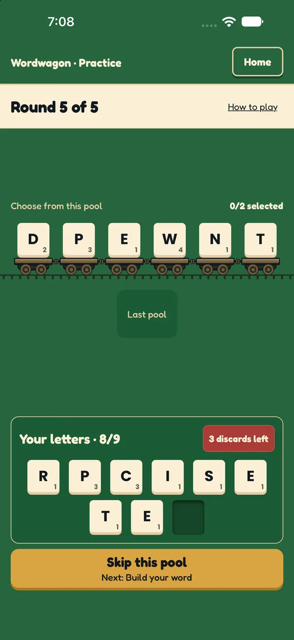 Round 5 of 5: six letters ride past on wagons above a rack holding eight of nine letters, with three discards left.