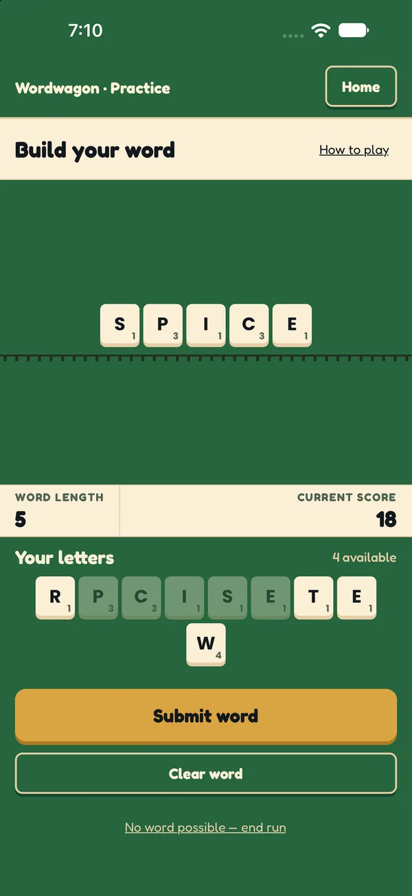 Build screen with the word SPICE spelled from the rack, five letters long, scoring 18 points.